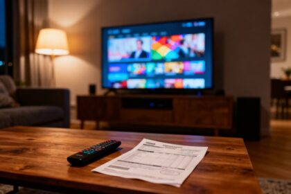 Télécommande et relevé bancaire posés sur une table basse devant un téléviseur allumé dans un salon