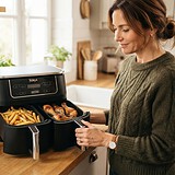 Une femme ouvre un airfryer Ninja à double tiroir garni de frites et de pilons de poulet sur un plan de travail en bois