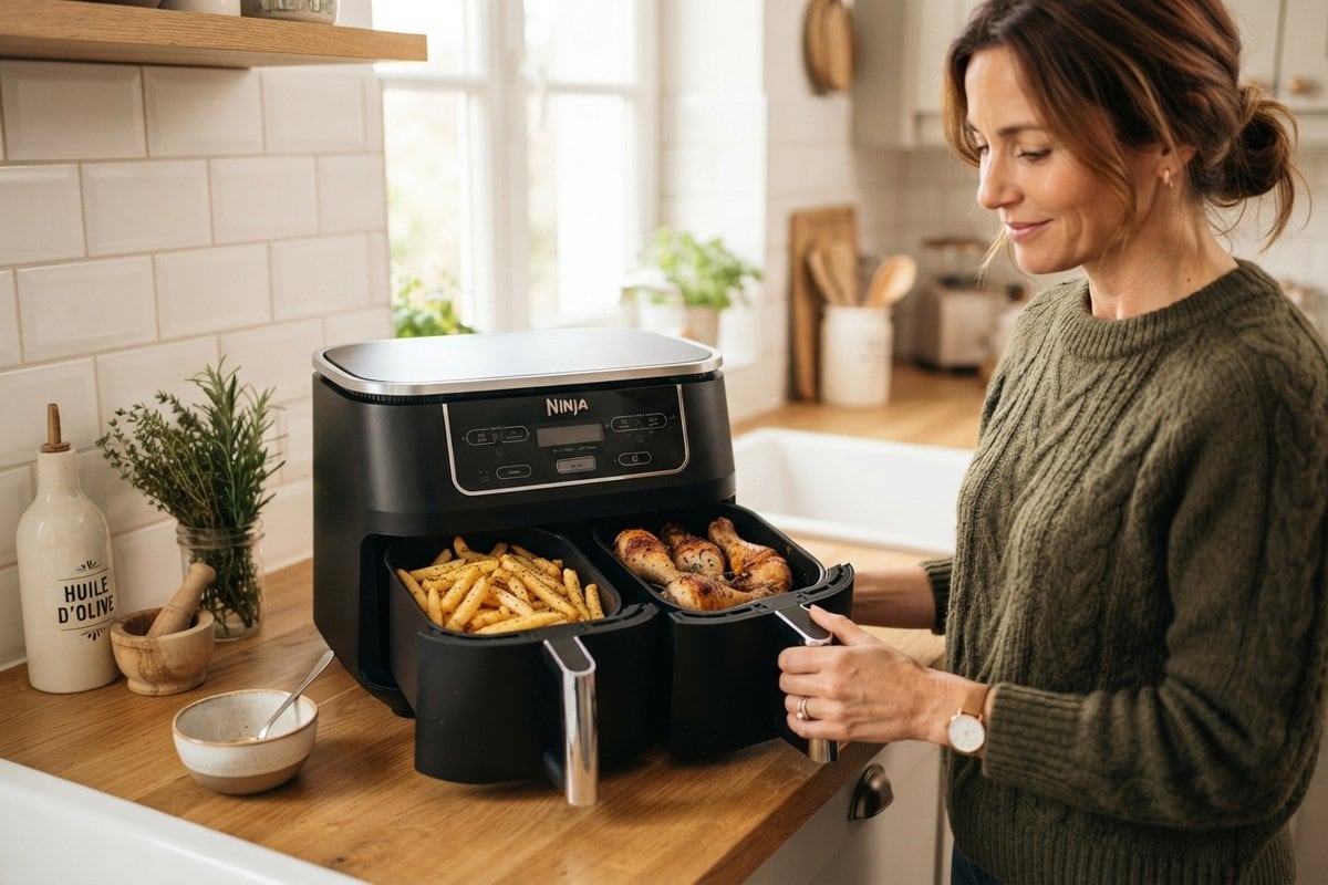 Une femme ouvre un airfryer Ninja à double tiroir garni de frites et de pilons de poulet sur un plan de travail en bois