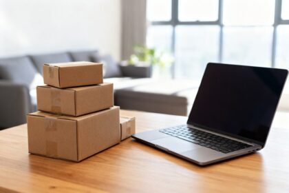 Pile de colis en carton posée à côté d'un ordinateur portable ouvert sur une table en bois dans un salon lumineux