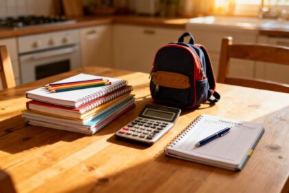 Fournitures scolaires et cahier de comptes posés sur une table de cuisine à la lumière du matin