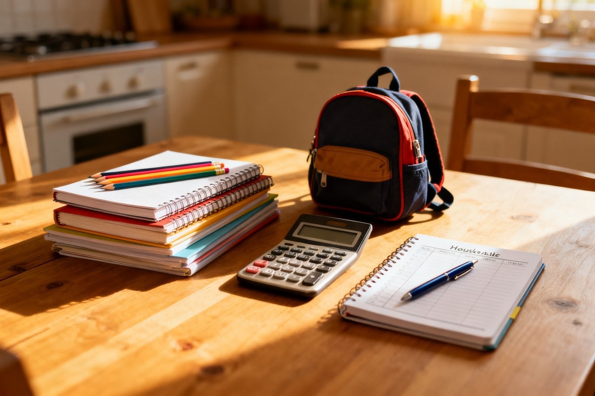 Fournitures scolaires et cahier de comptes posés sur une table de cuisine à la lumière du matin