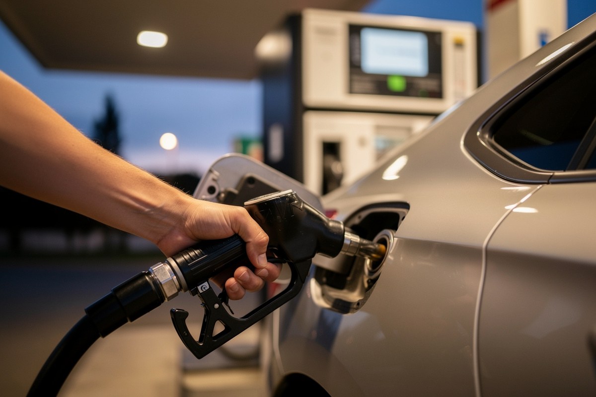 Pistolet de pompe à carburant inséré dans le réservoir d'une voiture en station-service