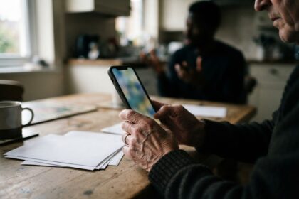 Mains d'une personne âgée tenant un smartphone à la table d'une cuisine, feuilles blanches posées à côté