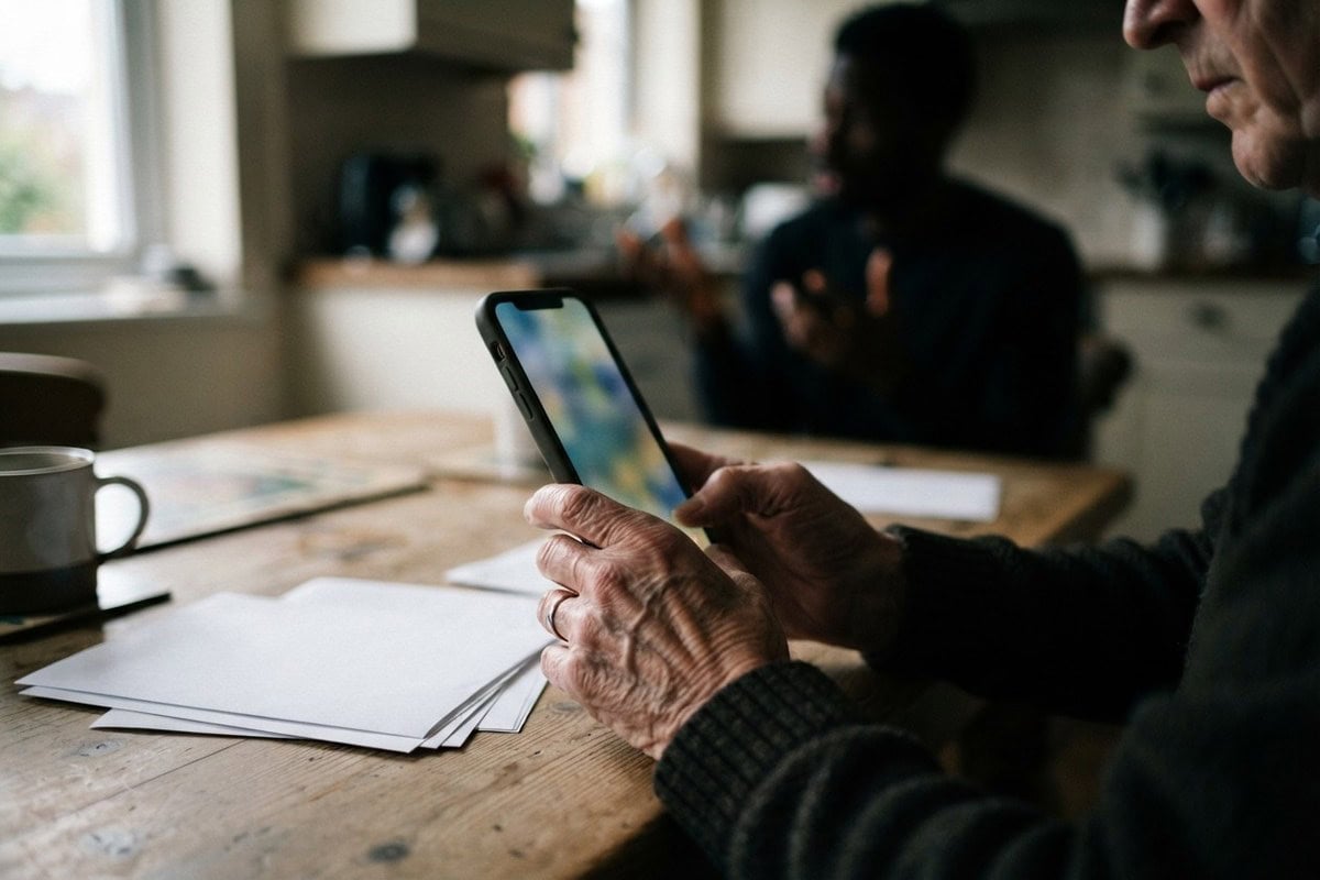 Mains d'une personne âgée tenant un smartphone à la table d'une cuisine, feuilles blanches posées à côté