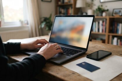 Mains tapant sur un ordinateur portable, un smartphone, une feuille vierge et une carte bancaire posés sur le bureau