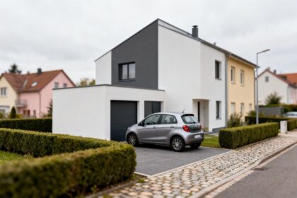 Maison individuelle et voiture stationnée dans l’allée d’un quartier résidentiel