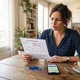 Femme assise à une table de cuisine lisant un avis d'échéance, carte bancaire et smartphone posés devant elle