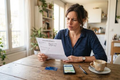 Femme assise à une table de cuisine lisant un avis d'échéance, carte bancaire et smartphone posés devant elle