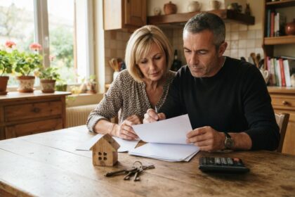 Un couple examine des documents à la table de la cuisine, près d'une maison en bois miniature, de clés et d'une calculatrice