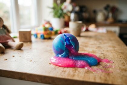 Balle squishy fendue répandant un gel pailleté rose et bleu sur une table en bois, jouets d'enfant flous en arrière-plan
