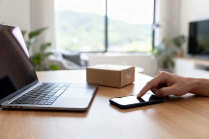Main près d'un smartphone et d'un ordinateur portable posés sur un bureau, à côté d'un petit colis en carton.