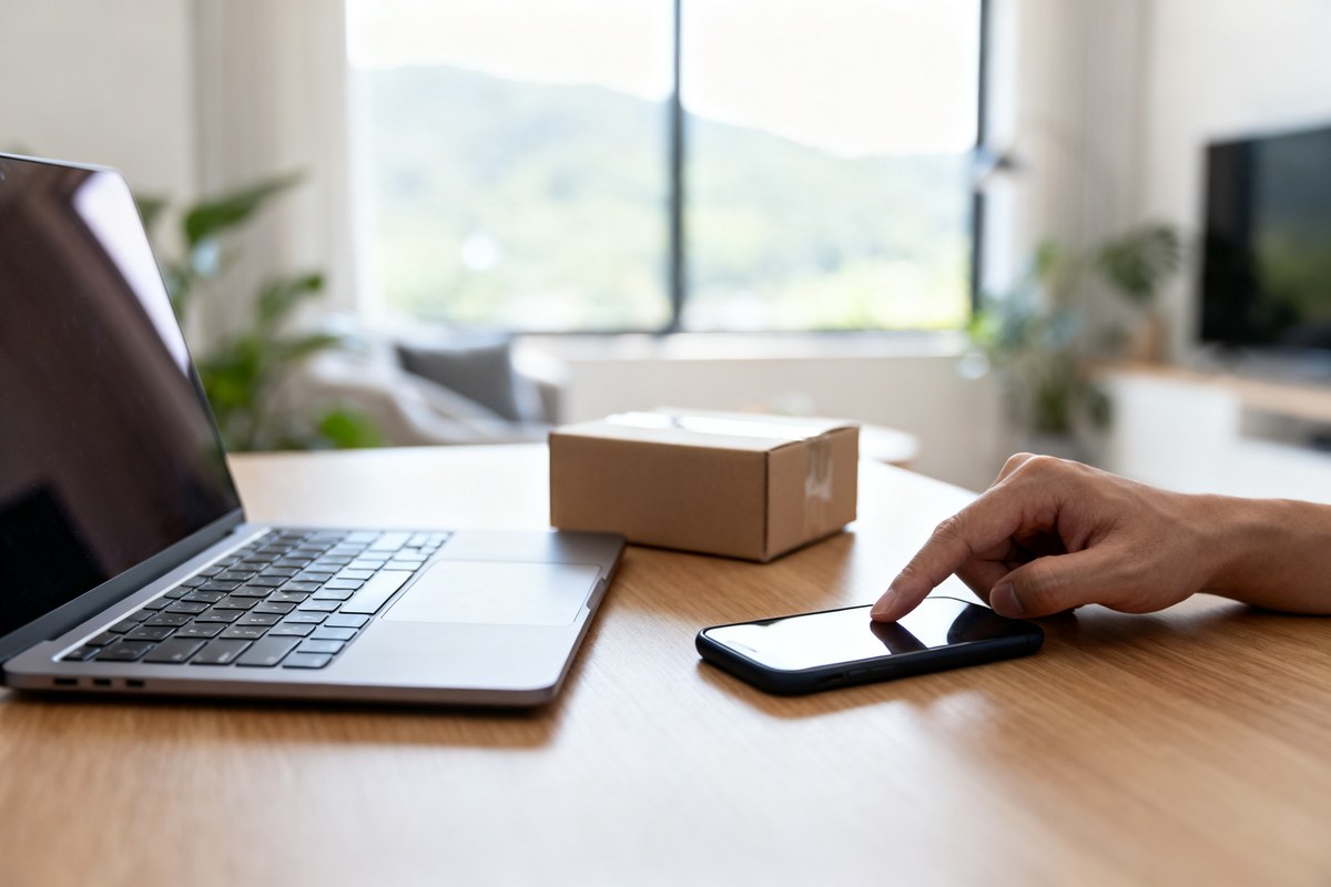 Main près d'un smartphone et d'un ordinateur portable posés sur un bureau, à côté d'un petit colis en carton.
