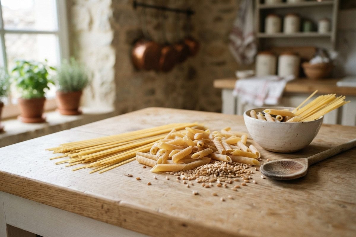 Spaghetti et penne crus éparpillés sur une table en bois avec des grains de blé, dans une cuisine rustique