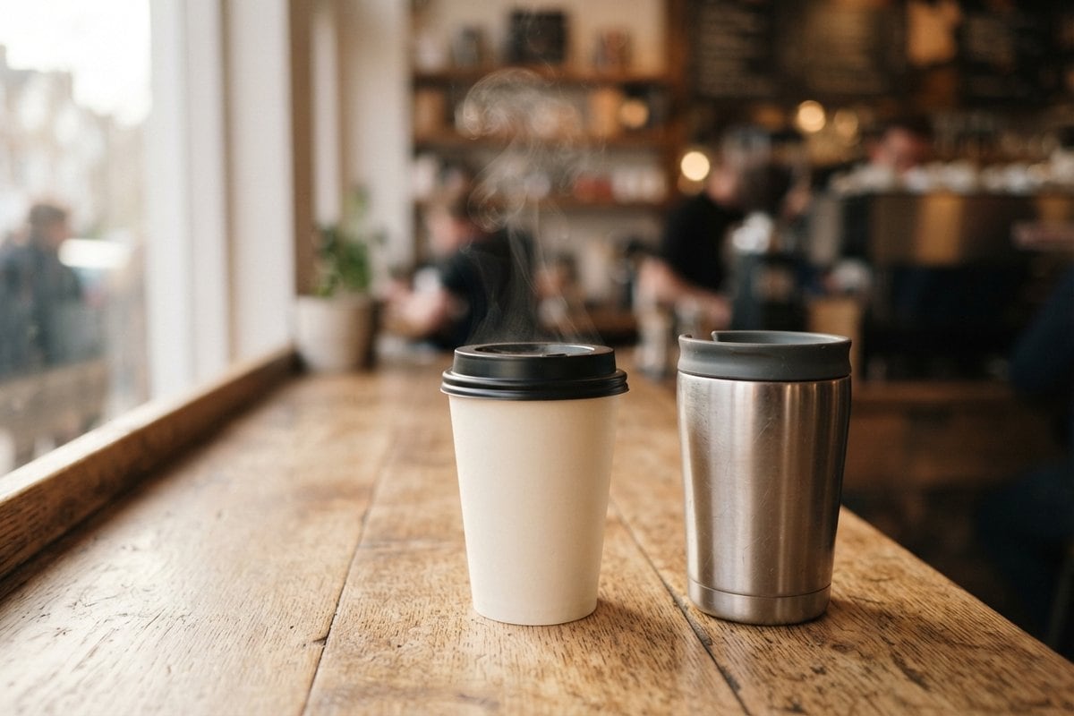 Gobelet jetable fumant à couvercle noir et mug réutilisable en inox posés sur un comptoir en bois dans un café