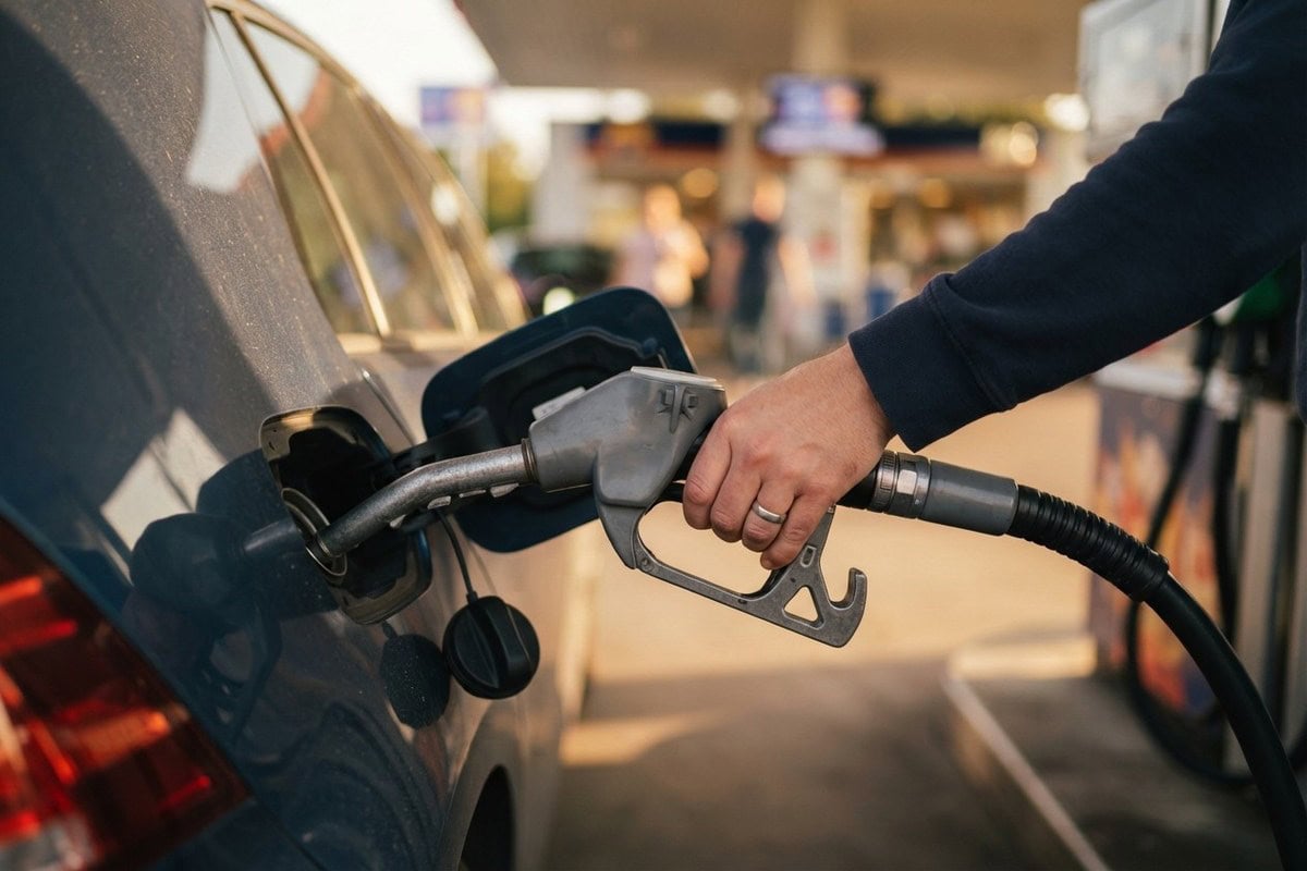 Une main insère un pistolet de carburant gris dans le réservoir d'une voiture à la station-service
