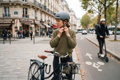 Cycliste attachant son casque gris près de son vélo, un homme casqué en trottinette sur la piste cyclable