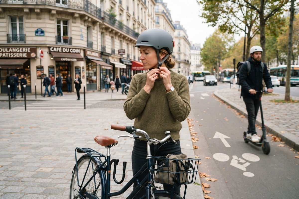 Cycliste attachant son casque gris près de son vélo, un homme casqué en trottinette sur la piste cyclable