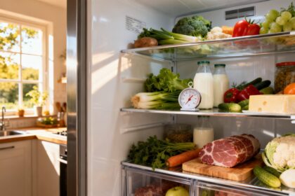 Réfrigérateur ouvert garni d'aliments frais dans une cuisine baignée de lumière d'été