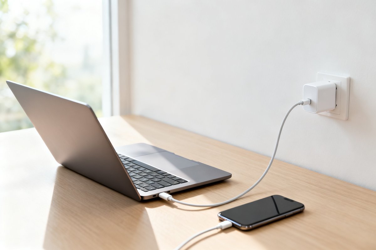 Ordinateur portable en charge via un câble USB-C relié à un petit adaptateur blanc sur un bureau clair