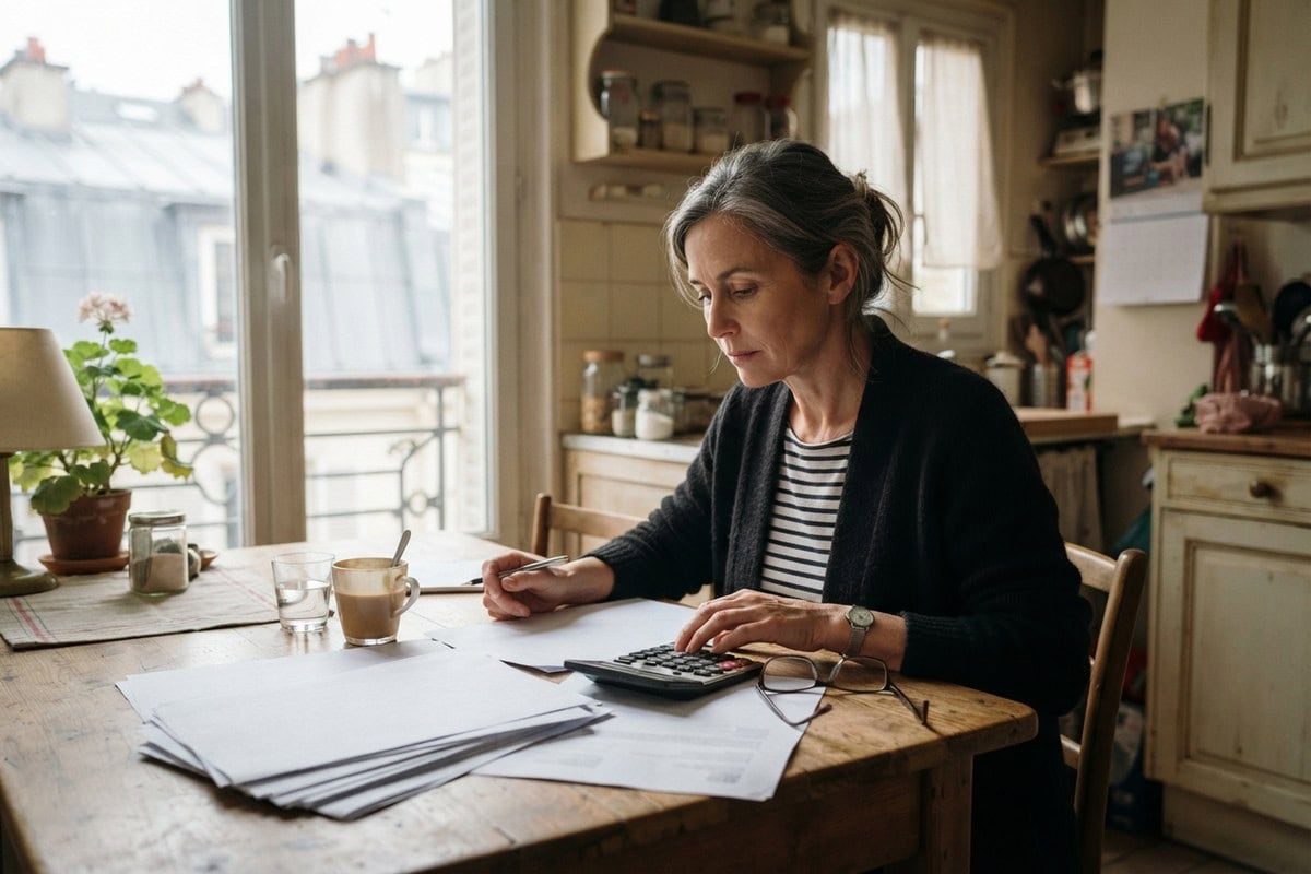 Une femme examine des papiers avec une calculatrice à la table de sa cuisine, près d'une fenêtre.