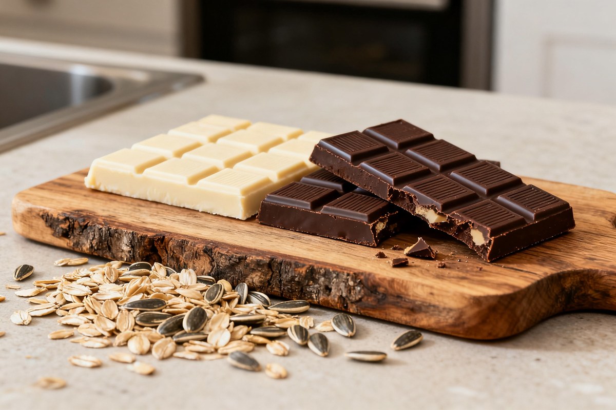 Tablettes de chocolat noir et blanc sur une planche en bois avec graines de tournesol et flocons d'avoine