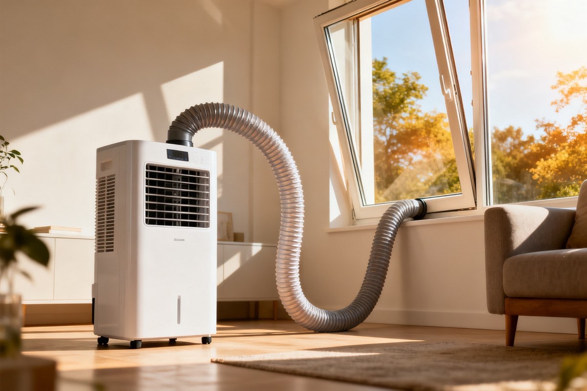 Climatiseur mobile blanc posé dans un salon, sa gaine d'évacuation reliée à une fenêtre entrebâillée en plein été