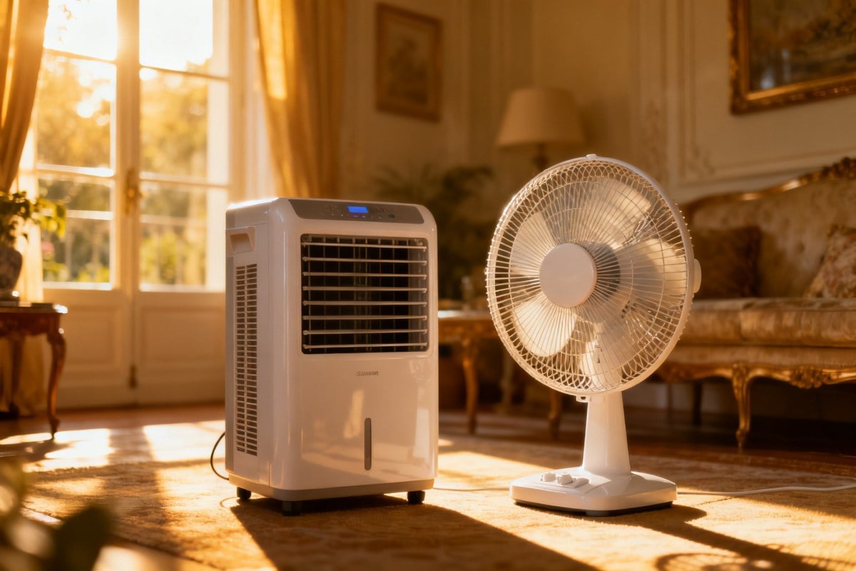 Un climatiseur mobile et un ventilateur côte à côte dans un salon ensoleillé pendant une vague de chaleur estivale