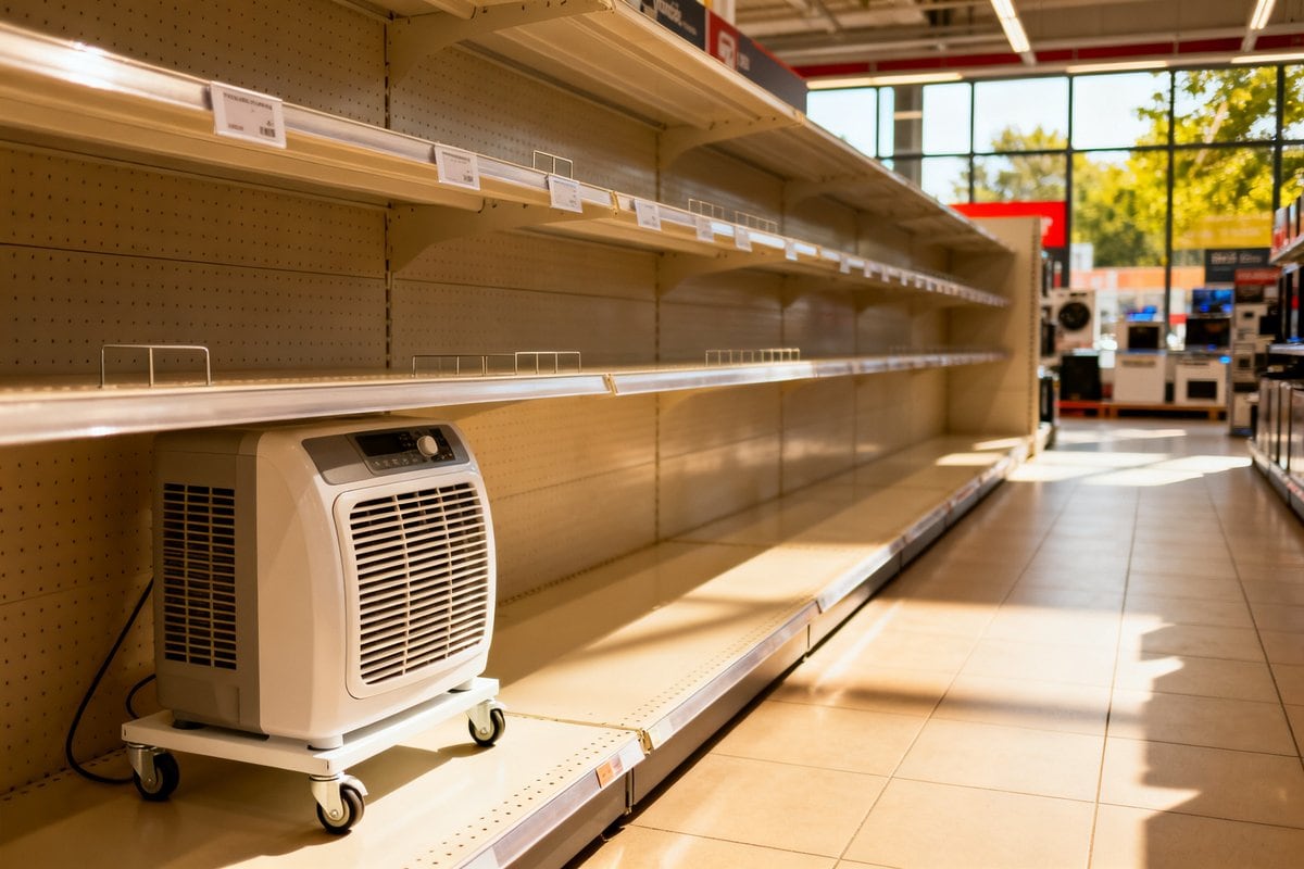 Rayon de magasin presque vide avec un seul climatiseur mobile blanc sur roulettes posé au sol
