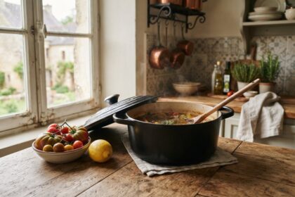 Cocotte en fonte noire fumante sur un plan de travail en bois, couvercle entrouvert, tomates et citron à côté