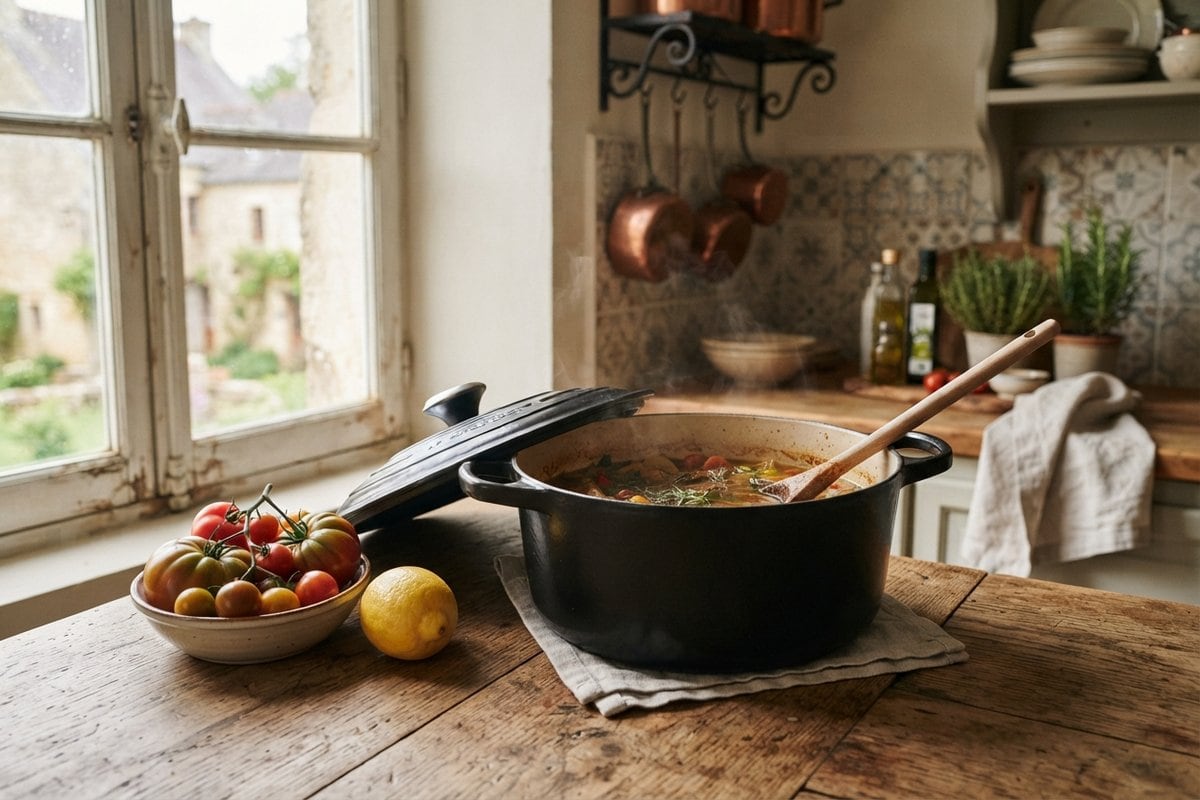 Cocotte en fonte noire fumante sur un plan de travail en bois, couvercle entrouvert, tomates et citron à côté