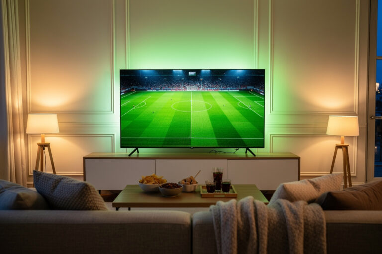 Salon en soirée avec grand téléviseur OLED diffusant un match de football, ambiance lumineuse douce