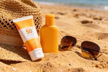 Tube et flacon de crème solaire posés sur le sable, près d'un chapeau de paille et de lunettes de soleil.