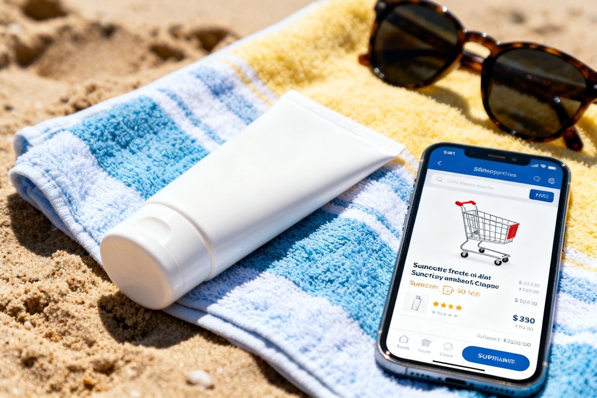 Tube de crème solaire posé sur une serviette de plage à côté d'un smartphone affichant un panier d'achat en ligne