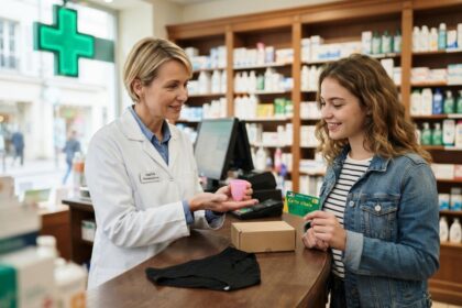 Une pharmacienne présente une coupe menstruelle rose à une jeune femme qui tend sa carte Vitale au comptoir