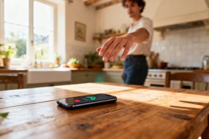 Smartphone affichant un appel entrant sur une table en bois, une main tendue au-dessus pour le refuser