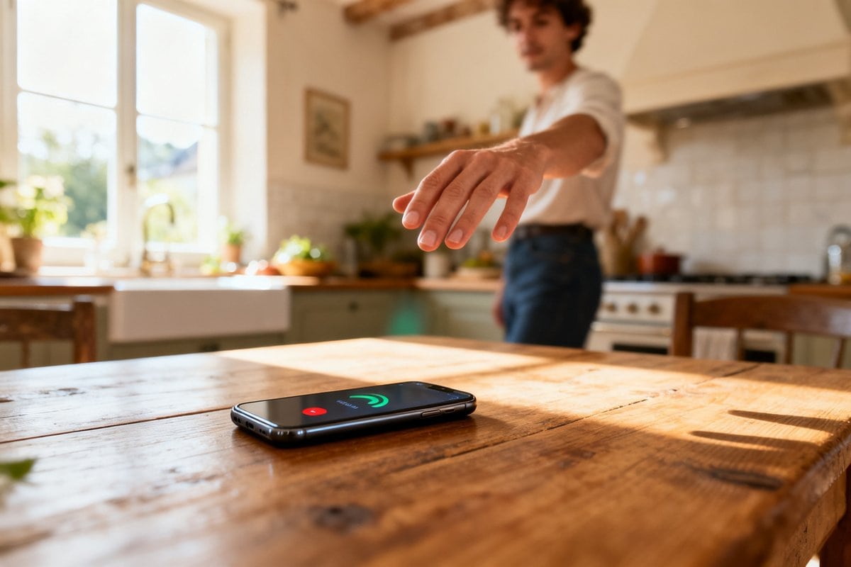Smartphone affichant un appel entrant sur une table en bois, une main tendue au-dessus pour le refuser