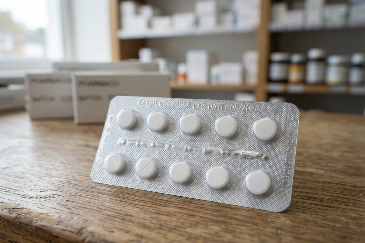 Plaquette de dix comprimés blancs posée sur un comptoir en bois, devant les rayonnages flous d'une pharmacie