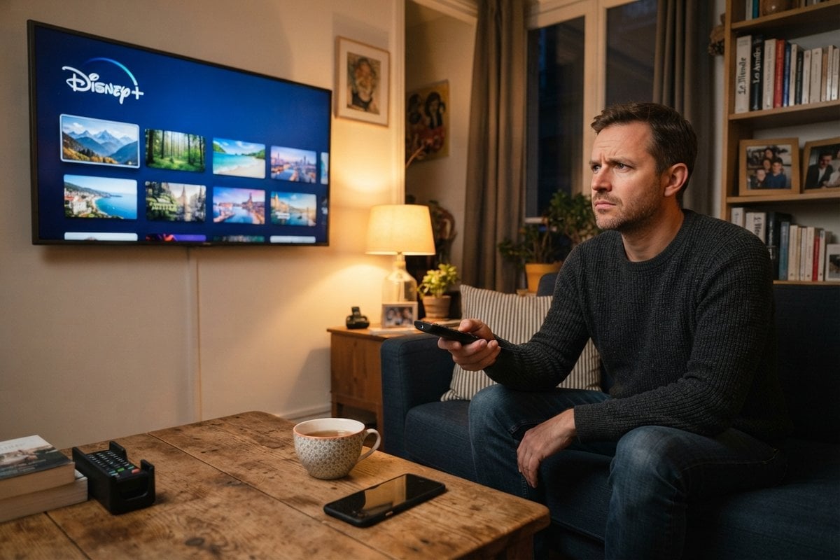Homme perplexe sur un canapé, télécommande en main, devant un téléviseur affichant l'accueil de Disney+