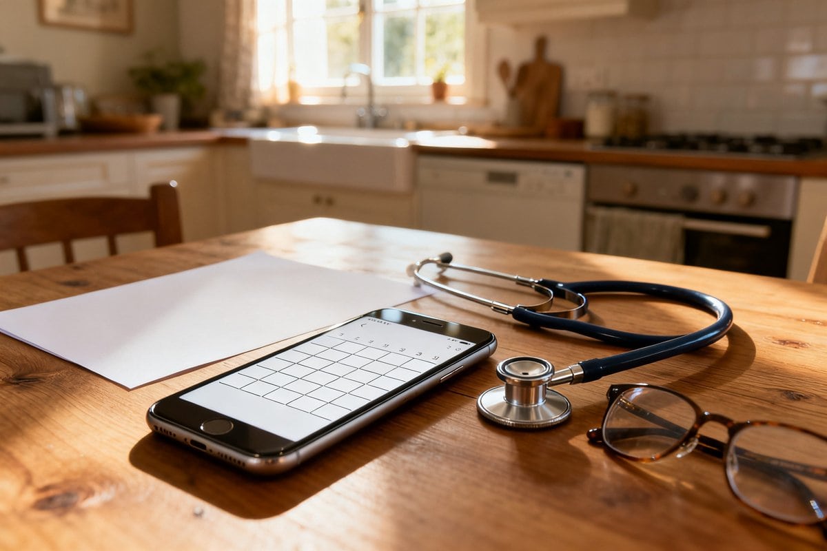 Smartphone posé sur une table en bois affichant un calendrier vierge, à côté d'un stéthoscope et de lunettes de vue