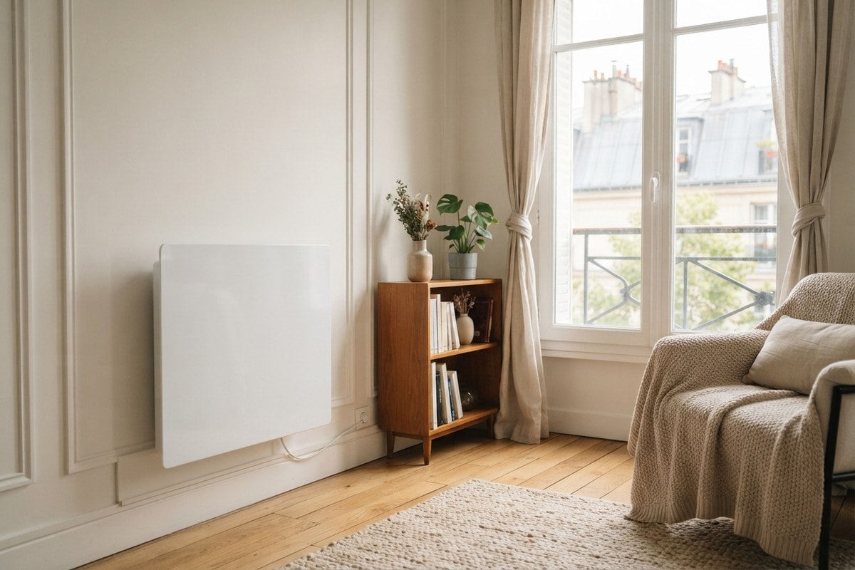 Radiateur électrique blanc fixé au mur d'un appartement parisien lumineux, fenêtre donnant sur les toits en zinc
