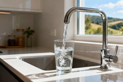 Verre rempli d'eau claire sous le robinet d'une cuisine lumineuse en été