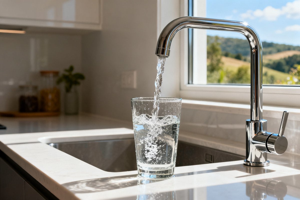 Verre rempli d'eau claire sous le robinet d'une cuisine lumineuse en été