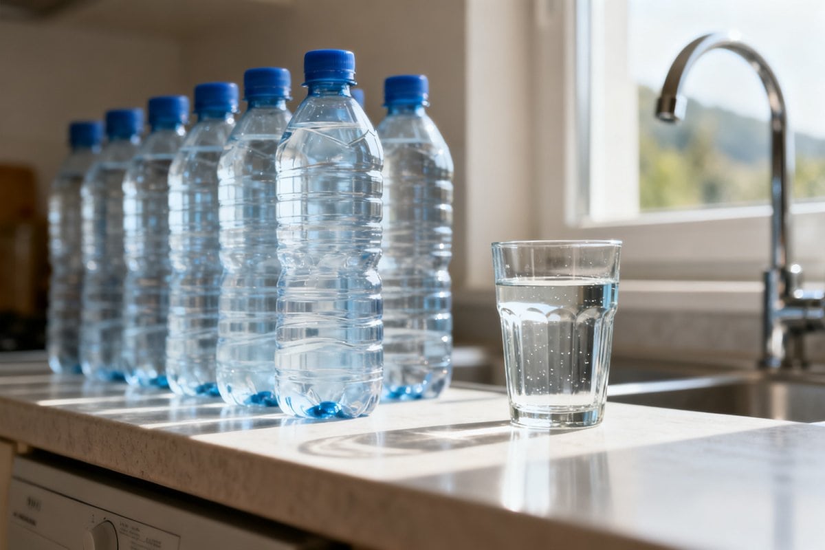 Bouteilles d'eau en plastique alignées sur un plan de travail près d'un verre d'eau du robinet