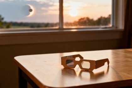 Lunettes d'observation d'éclipse en carton sur une table en bois, près d'une fenêtre au soleil couchant