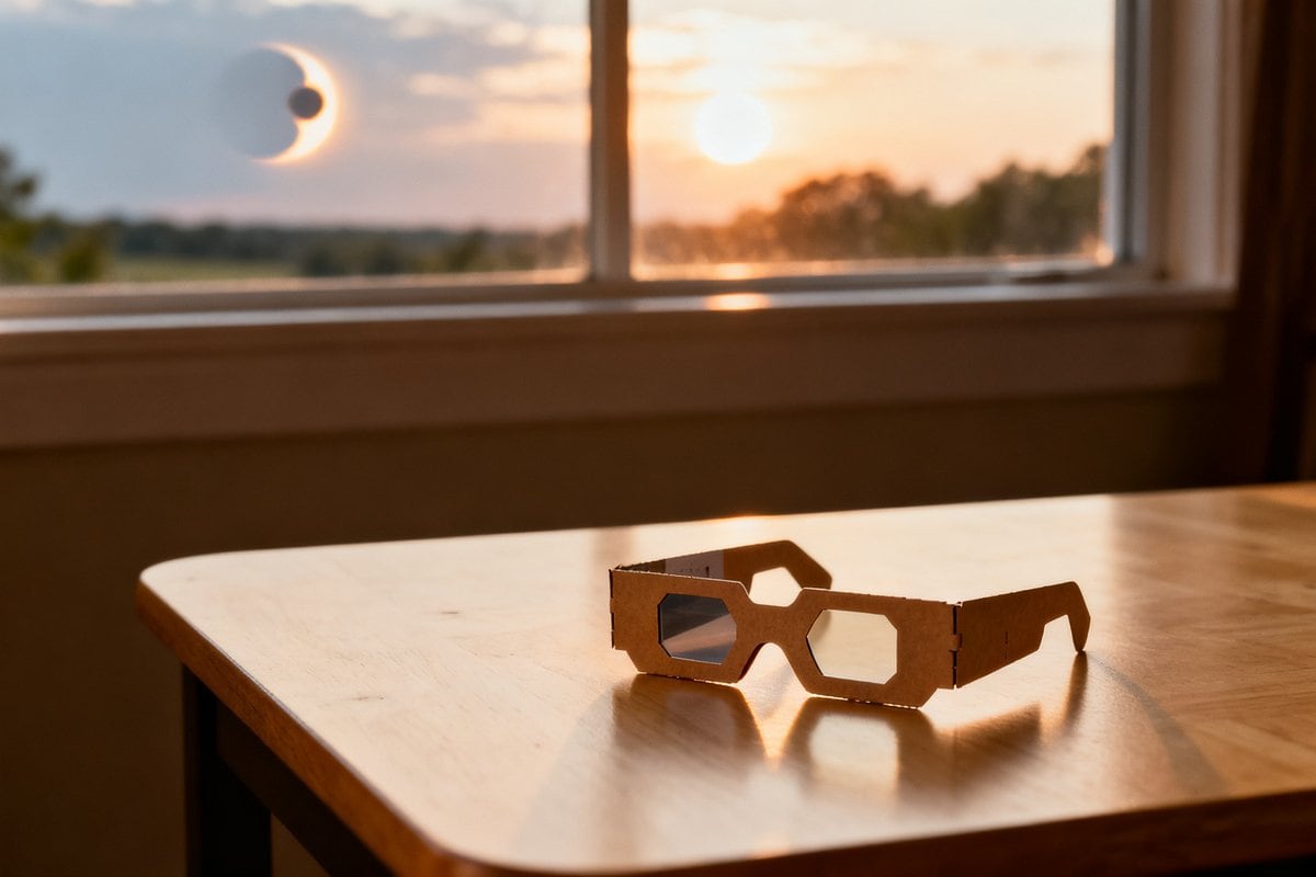 Lunettes d'observation d'éclipse en carton sur une table en bois, près d'une fenêtre au soleil couchant