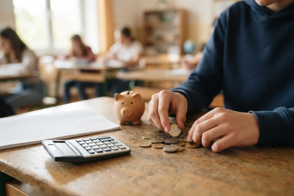 Un adolescent compte des pièces d'euros à côté d'une tirelire et d'une calculatrice, sur un pupitre de salle de classe