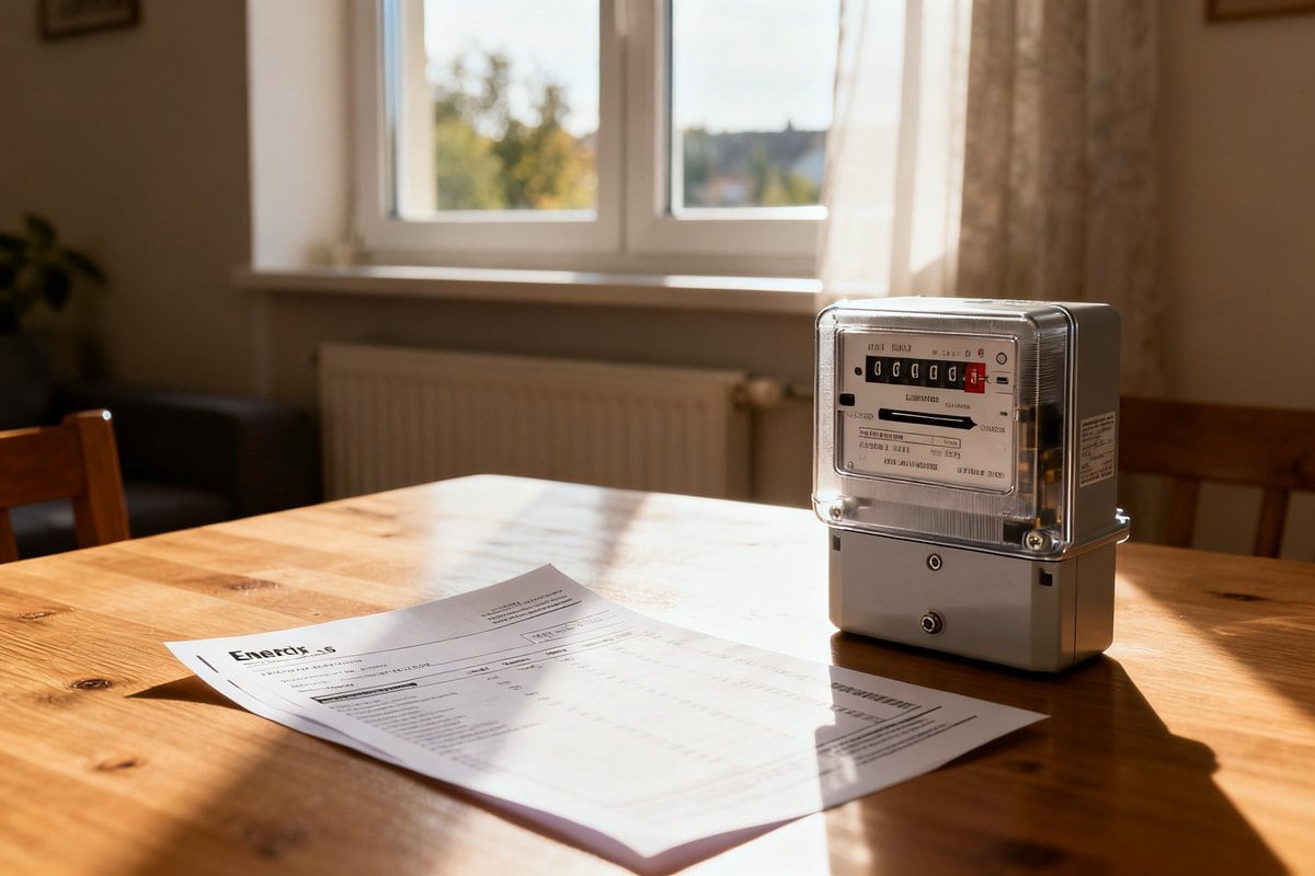 Compteur électrique posé sur une table en bois à côté d'une facture d'énergie, près d'une fenêtre ensoleillée