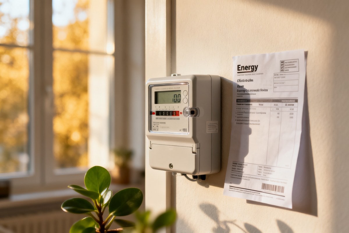 Compteur électrique d'un logement à côté d'une facture d'énergie, lumière naturelle, ambiance domestique