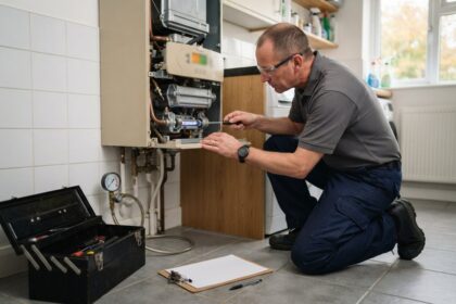 Un technicien agenouillé inspecte le brûleur d'une chaudière murale ouverte, caisse à outils posée au sol